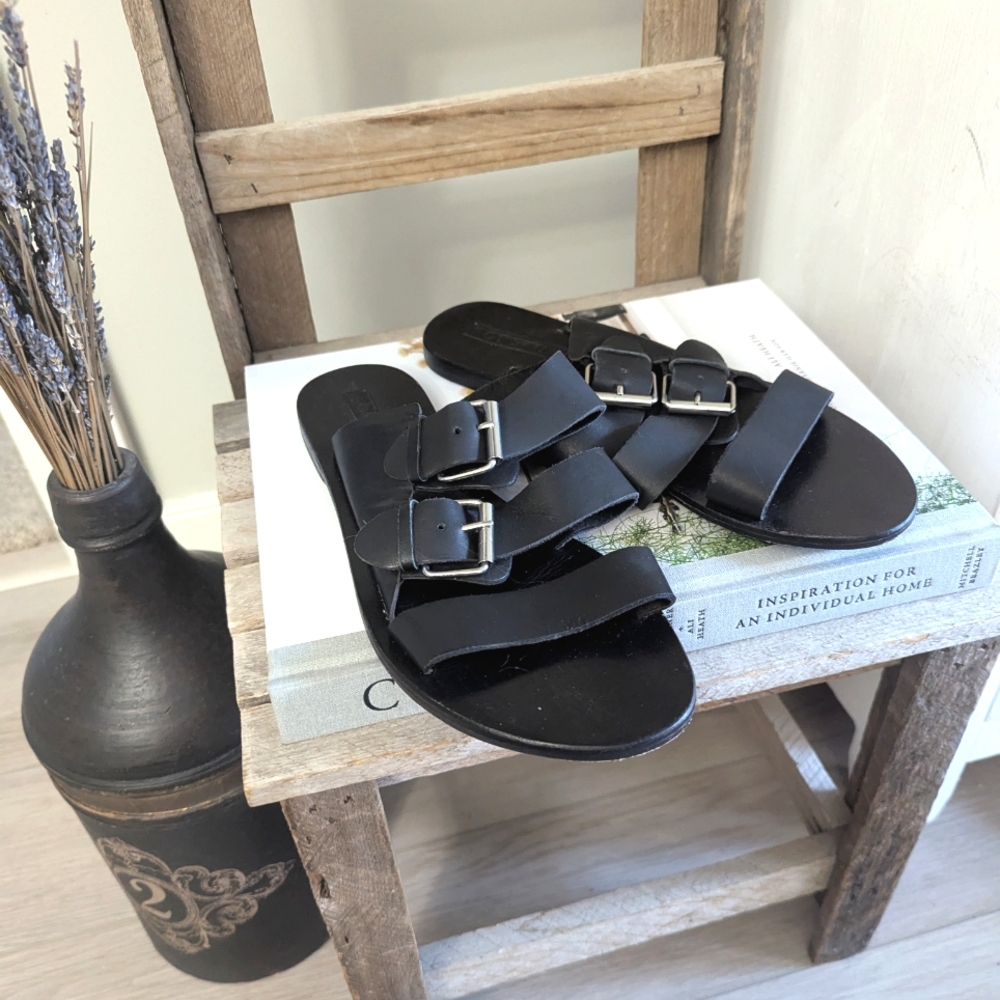 Sol Sana Black Leather Sandals with Silver Buckles